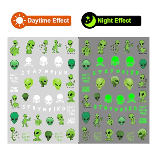 Glow in the Dark Alien Nail Art Stickers - 4 Self-Adhesive Sheets