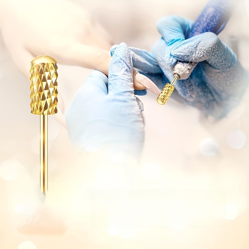 2PCS 2 Pieces Gold Plated Nail Grinding Heads with Medium Grit, Smooth Round Cylinder Shape, Tungsten Steel for Polish Removal