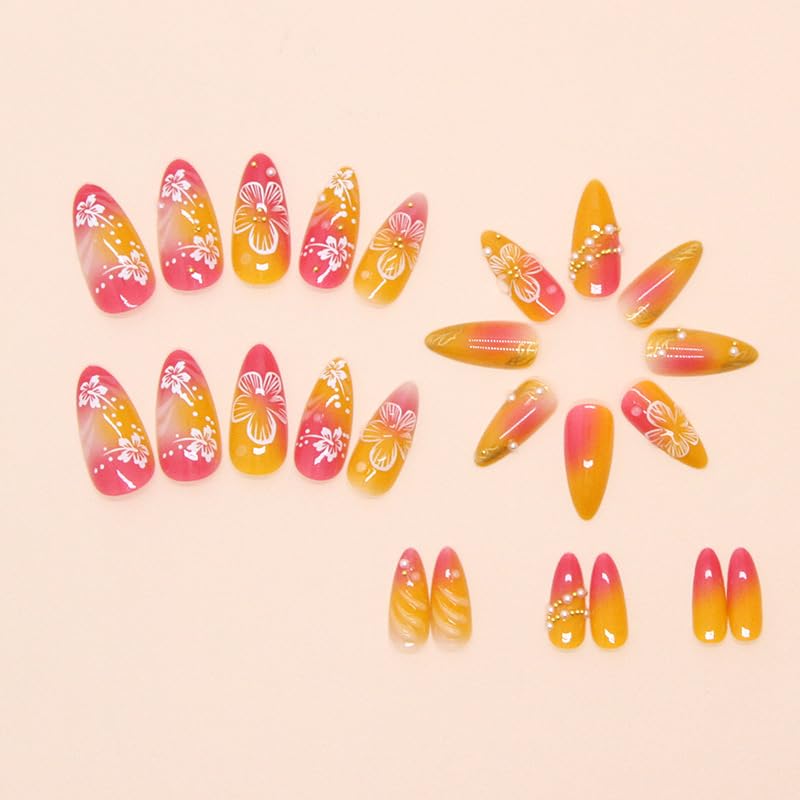3D Embossed Hibiscus Press On Nails - Orange Pink Gradient, 24pcs