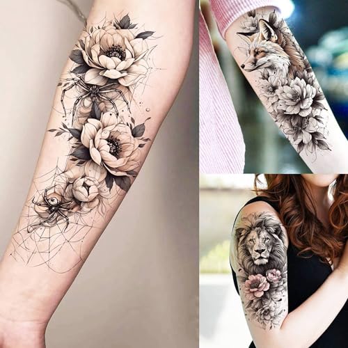 SELIDODO Black Flower 75 Sheets Realistic 3D Temporary Tattoos for Women & Girls - Guadalupe Virgin Mary Lotus Snake Peony Floral Designs