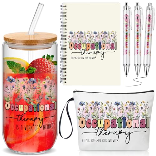 Flower Occupational Therapy Gift Set for Therapists - 6 Pcs with Makeup Bag, Glass Cup, Notebook & Pens