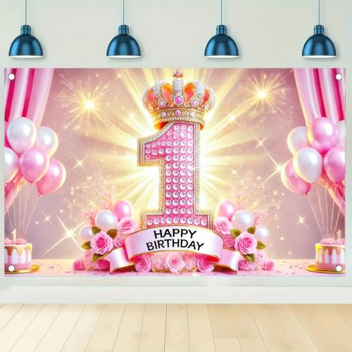 BlissYard First Pink Crown Birthday Banner 71x43 Inch Polyester Decor