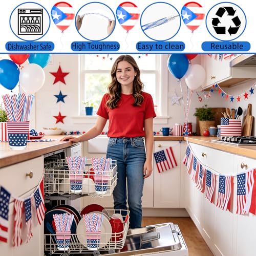 50 Reusable Red White Blue Striped Straws - Patriotic Party Supplies