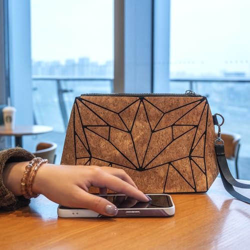 Cork Wristlet Pouch for Women - Zipper Makeup Organizer Bag