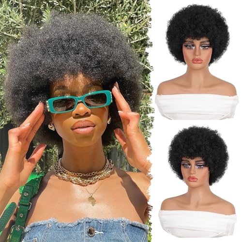GKtineke 8 Inch Afro Wig for Black Women - Natural Black 70s Curly Short Wig