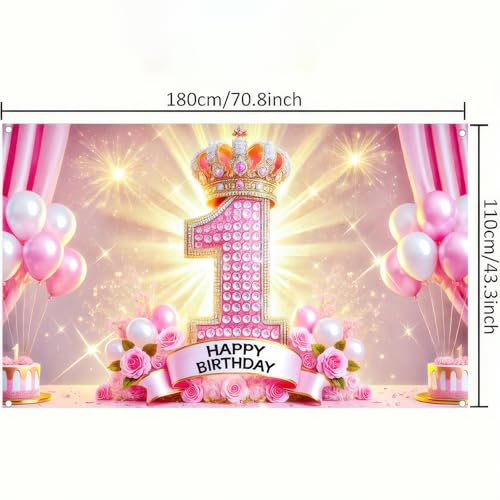 BlissYard First Pink Crown Birthday Banner 71x43 Inch Polyester Decor