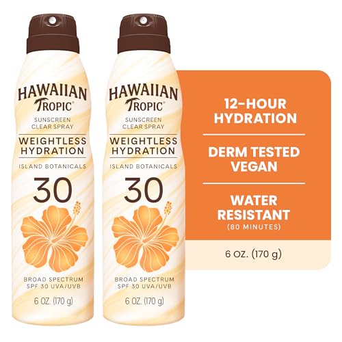 Hawaiian Tropic Weightless Hydration Clear Spray Sunscreen SPF 30, 6 oz | SPF 30 Sunscreen Spray, Sunblock, Oxybenzone Free, 6 oz each Twin Pack