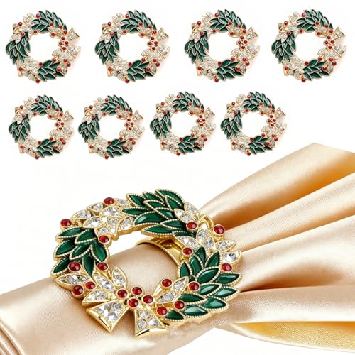 Christmas Wreath Napkin Rings Set of 8 - Gold Alloy & Enamel