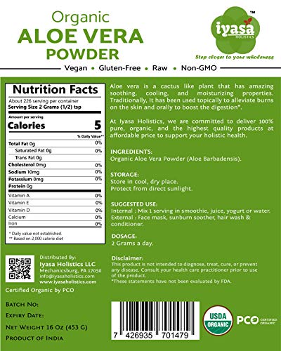 Iyasa Holistics Organic Aloe Vera Powder - 16 oz USDA Certified Whole Leaf