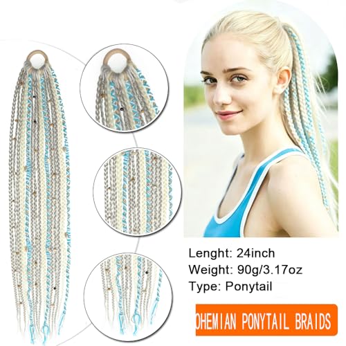 Eliza Boho Braided Ponytail Hair Extensions 24 Inch Light Grey & Turquoise Beads
