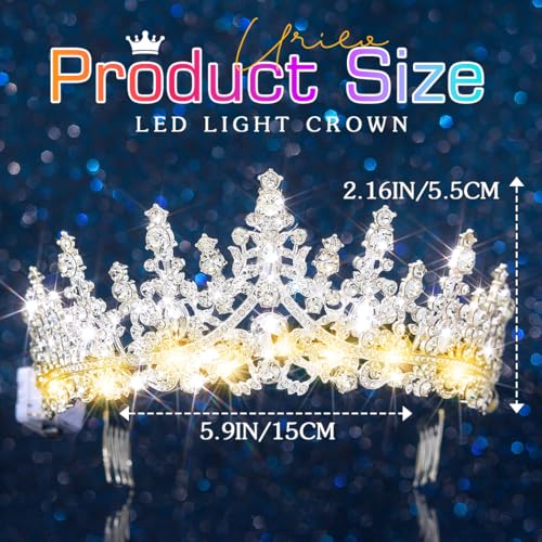 Urieo Light-Up Crystal Queen Crown LED Tiara for Prom and Bridal Parties
