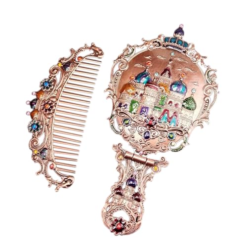 Vintage Handheld Makeup Mirror and Comb Set - Embossed Metal Vanity Gift