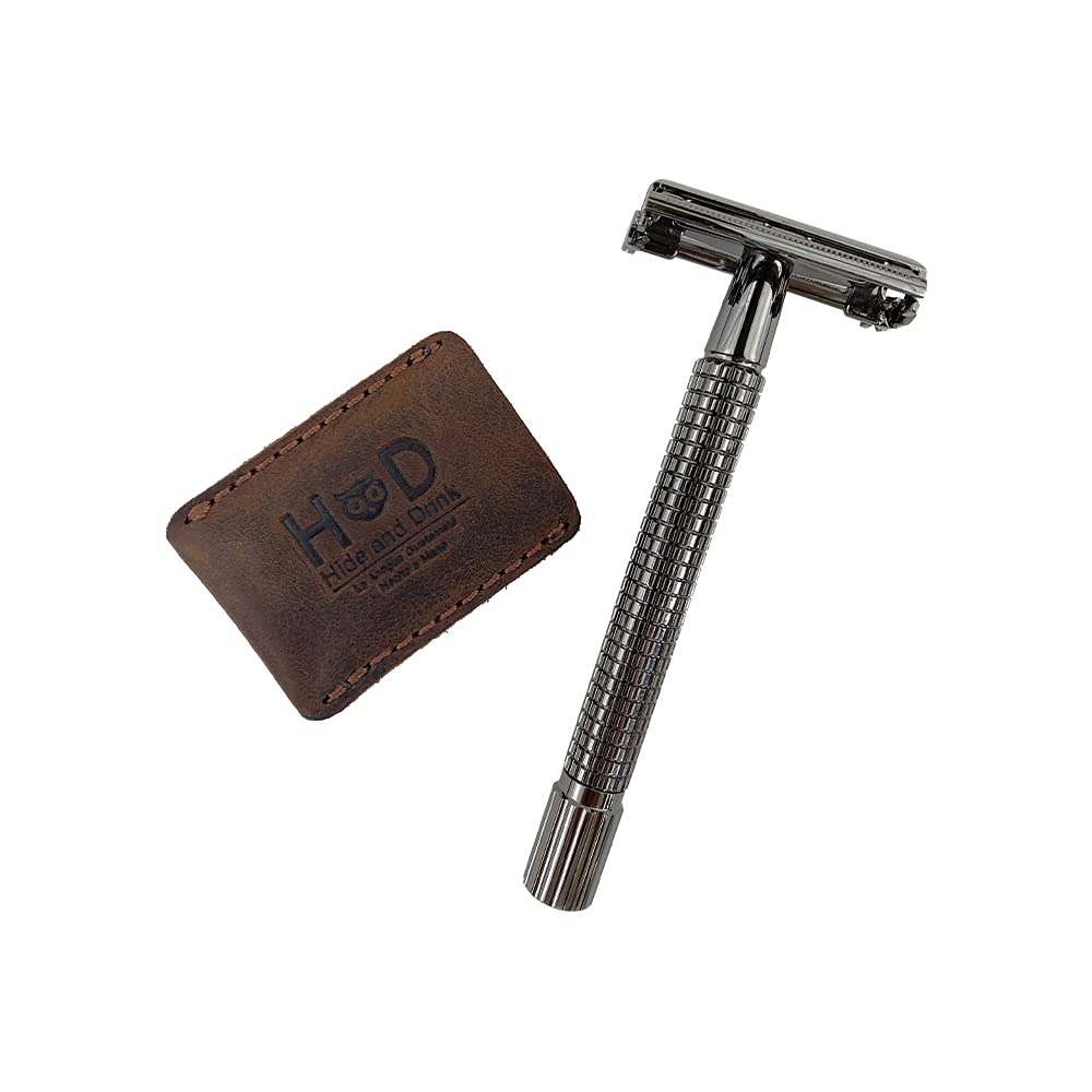 Hide & Drink, Leather Double Edge Safety Razor Head Protective Sheath, Shaving Travel Cover Handmade (Blue Suede)