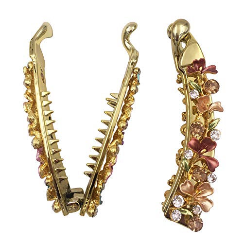 Lizzie Kay Floral Rhinestone Banana Hair Clips Set for Women - Long, Glam Ponytail Holders