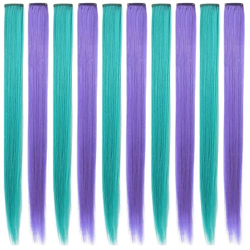 SARARHY 10 Pcs Clip-in Colored Hair Extensions 20 Inches Lavender Teal