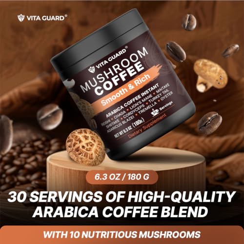 Vita Guard Mushroom Coffee - Instant Blend with Lion's Mane, Cordyceps & Reishi - 30 Servings
