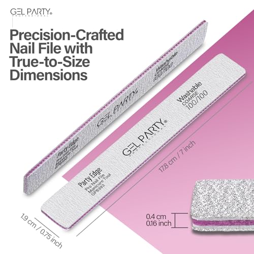 GEL PARTY 100/100 Grit Square Nail Files - 25 Pack Washable Emery Boards