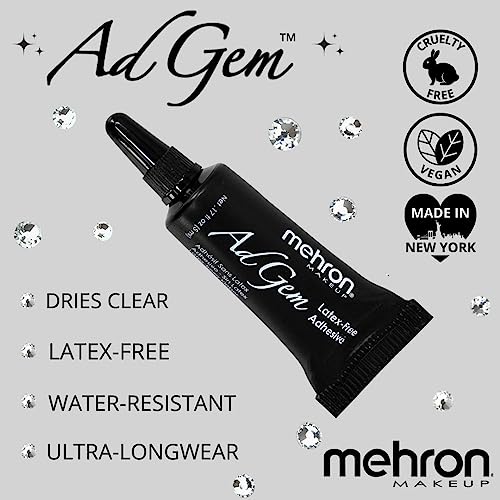 Mehron Makeup AdGem Adhesive with 30 Rhinestones - Latex-Free Glue 0.17 fl oz