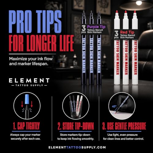 Element Tattoo Supply 6 Pack Body Markers in Red & Purple - Bold Tip Skin Pens for Temporary Tattoos & Body Art