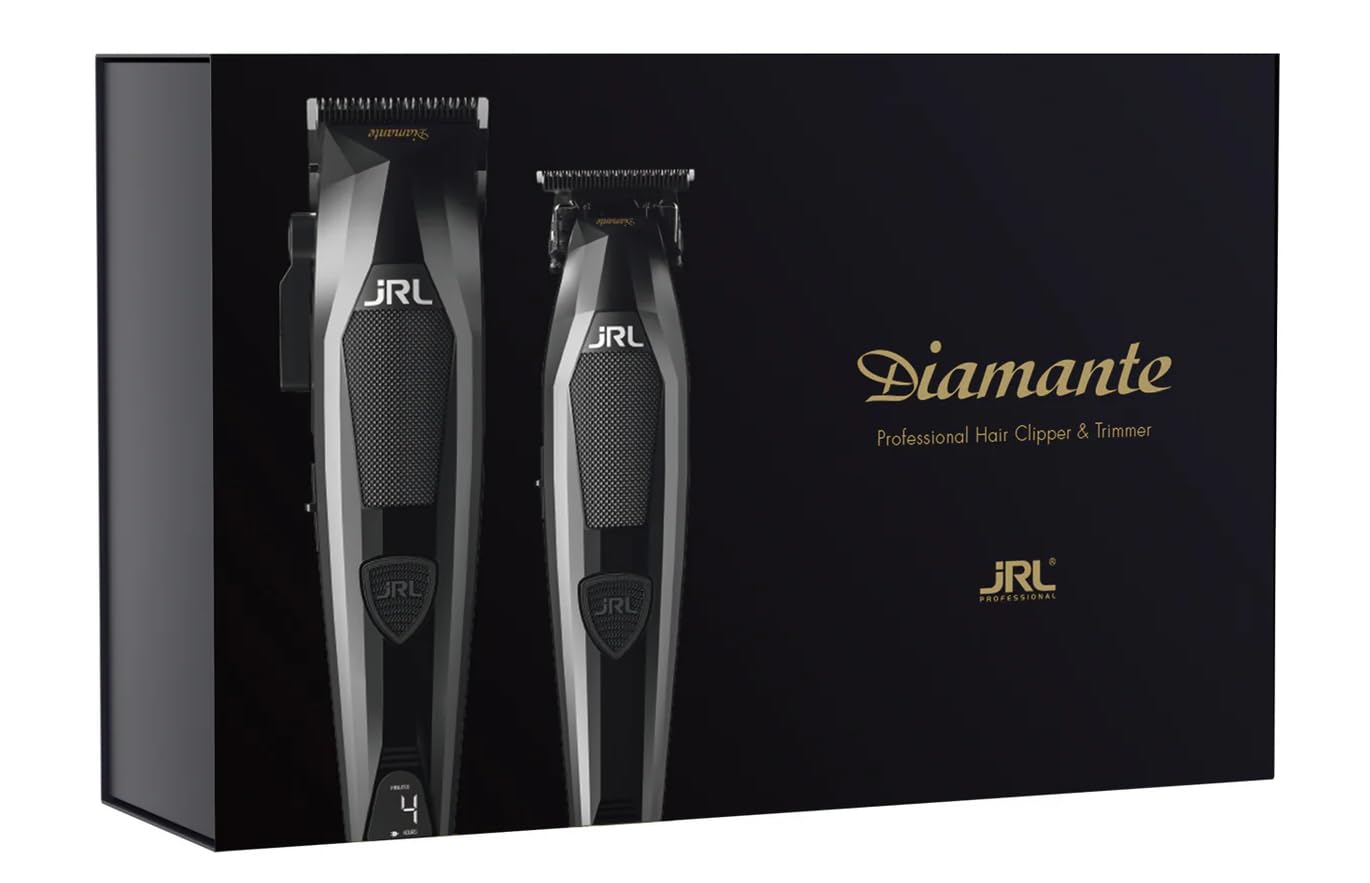 JRL Diamante Clipper & Trimmer Set – Brushless Motor, Fade Blade, Smart Clip Technology, Reset IQ Charge, 8200 RPM, 4-Hour Run Time for Barbers & Stylists (Black)