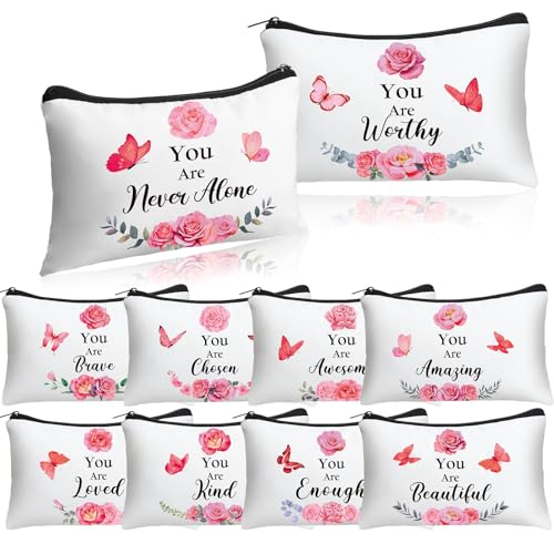 Hillban 10 Pcs Canvas Cosmetic Bags, White Butterfly Print Makeup Pouches