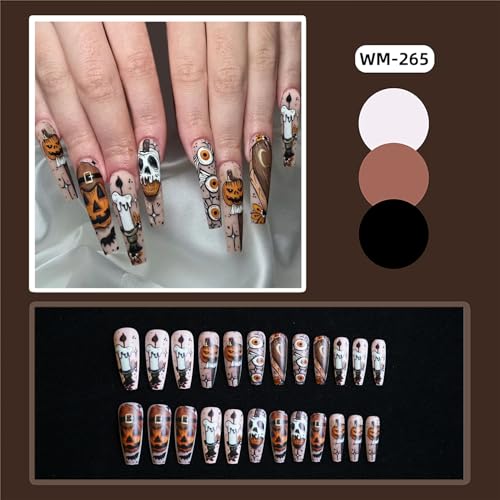 WYFHDT Halloween Press-On Nails - Long Square Fake Nails with Pumpkin & Candy Designs, 24pcs, Reusable Glue-On Full Cover Coffin Style, Variation 5