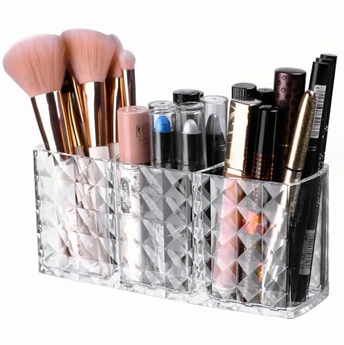 KNC Acrylic 3-Compartment Makeup Brush Holder Organizer