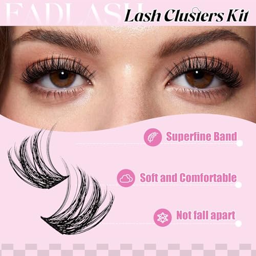 FADLASH C3-0.07D Lash Extension Kit Fluffy Wispy Clusters for Beginners, Reusable Eyelash Extensions with Bond & Seal