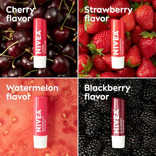 NIVEA Lip Care, Fruity Tinted Lip Balm Variety Pack, Cherry, Strawberry, Blackberry and Watermelon Flavors, 3-in-1 Moisture, Repair and Color, 0.17 Oz Stick, Pack of 4