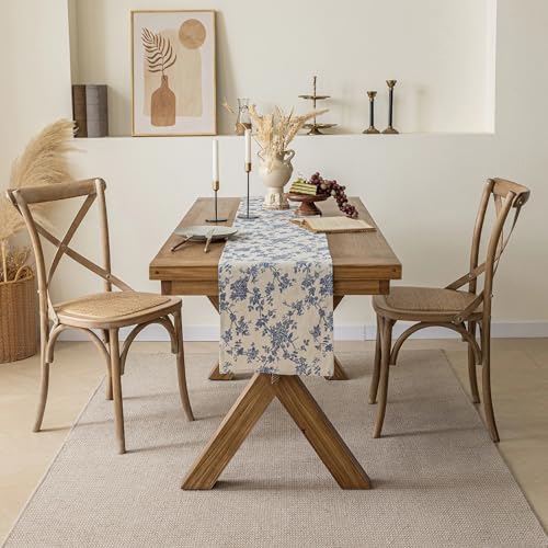14x90 Inch Dark Blue Floral Table Runner - Washable & Wrinkle Resistant