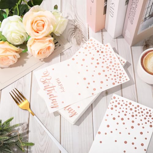 50 Pcs Rose Gold Foil Birthday Guest Napkins - Disposable Party Supplies