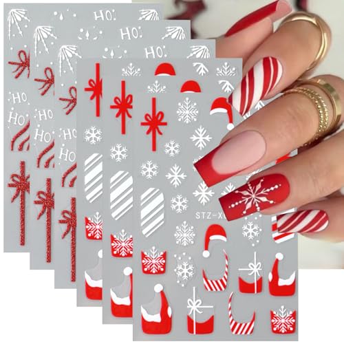 Colorful Christmas French Nail Stickers with 3D Glitter Snowflakes & Santa Hat - 25 Sheets