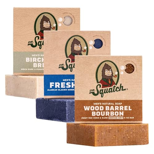 Dr. Squatch Natural Men¡¯s Bar Soap - Cold Process Body Soap Bar with Natural Oils - Gifts for Men - Birchwood Breeze, Fresh Falls & Wood Barrel Bourbon (5 oz, 3-Pack)