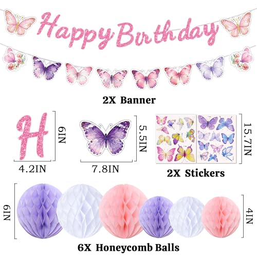 Butterfly Birthday Decorations Set - Purple Happy Birthday Banner & Cake Topper