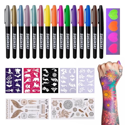 SUSIKEKI Temporary Tattoo Marker Set, 15 Single-Ended Pens with Stencils