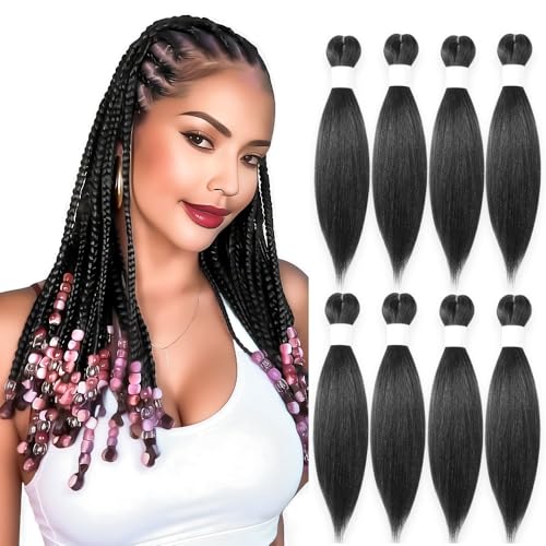 Black Pre-Stretched Braiding Hair 16 Inch - Natural Yaki Texture, 8 Packs, Model 1B