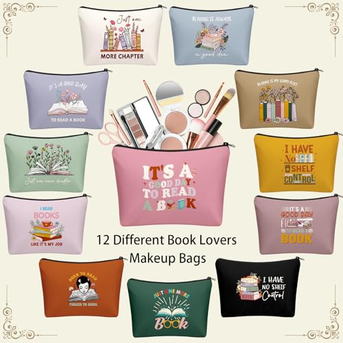 Bohemian Book Lover Makeup Bags Set of 12 - Bookish Gift for Women, Travel & Storage