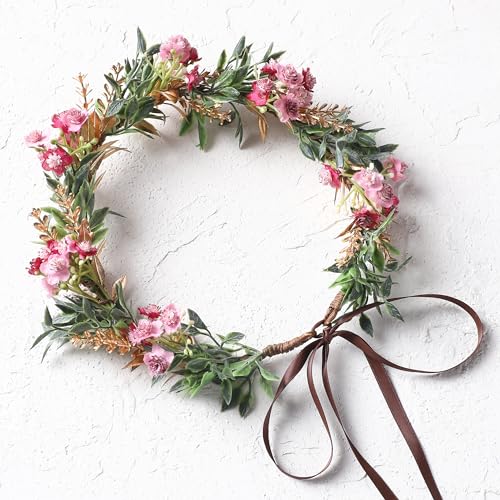Red Flower Crown Headband with Golden Green Leaves & Pink Flowers
