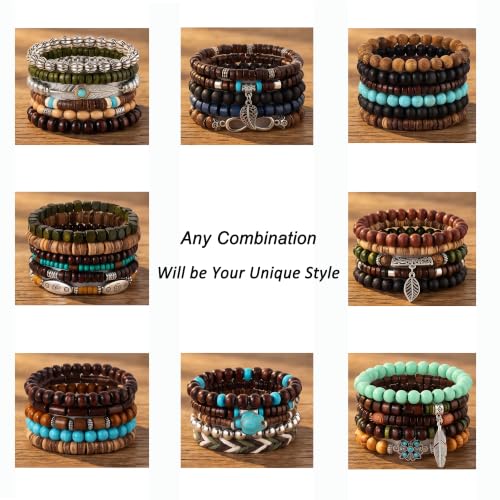 SONNYX 43Pcs Gothic Wooden Beaded Bracelets for Men