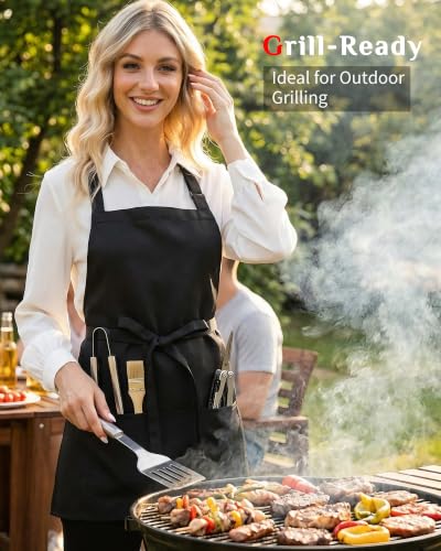 Adjustable Black Bib Apron with 3 Pockets for Kitchen & Restaurant