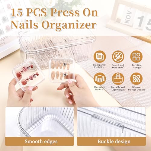 YINGJEE 15-Piece Press On Nail Storage Box Set with Adhesive Tape & Files