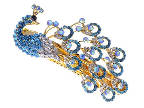 Alilang Peacock Hair Clip with Blue Rhinestones for Bridal Hair
