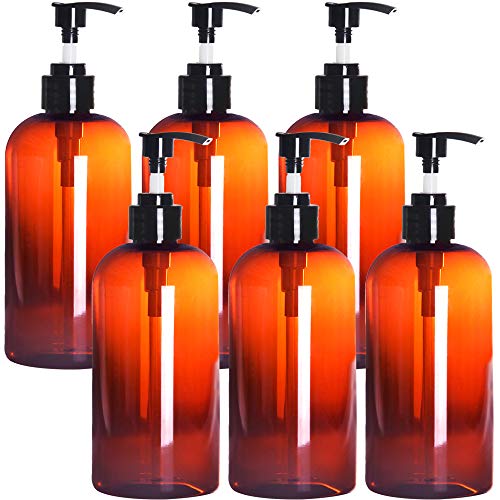 Youngever 12 Ounce Amber Plastic Pump Bottles - Refillable Dispensers for Lotions, Shampoos, Hand Sanitizer & More - 6 Pack