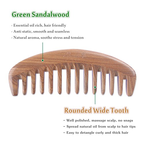 Green Sandalwood Wide Tooth Hair Comb - Handmade Detangling Wooden Comb for Curly Hair