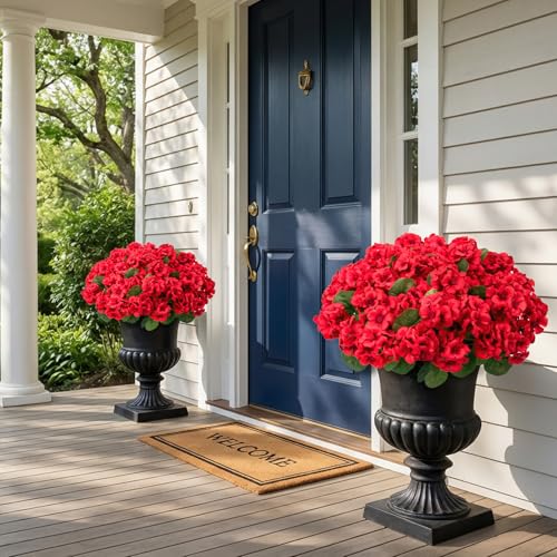 17" Artificial Geranium Flowers - 8 Pcs Red Silk Plants for Outdoors