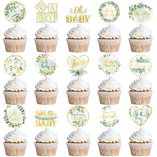 Sage Green Baby Shower Cupcake Toppers - 48PCS Eucalyptus Decor