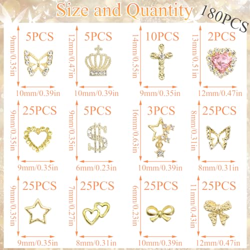 YAEISM Gold Nail Charms 180PCS Set - Cross, Star, Butterfly, Crown & More