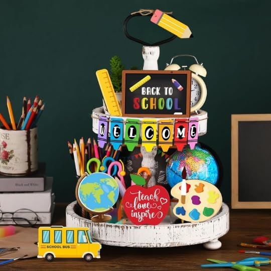 14-Piece Back to School Wooden Tiered Tray Decor Set