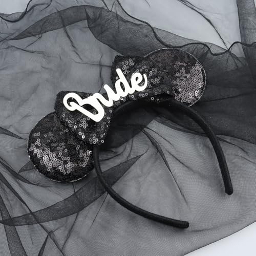 LIHELEI Black Bridal Mouse Ear Headband with Veil for Halloween Bachelorette Party Women Girls