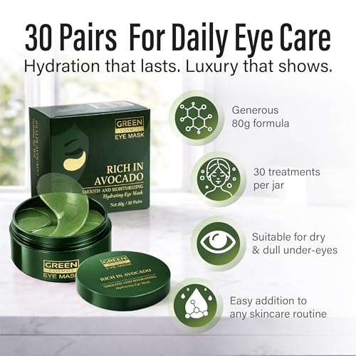 Avocado Collagen Eye Patches – Hydrating Under Eye Masks (30 Pairs) Brightening & Puffiness Reduction